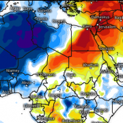 Kaltluft stößt bis weit nach Afrika vor, Hitzevorstoß dagegen im Nahen Osten