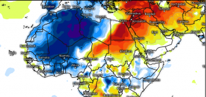 Kaltluft stößt bis weit nach Afrika vor, Hitzevorstoß dagegen im Nahen Osten